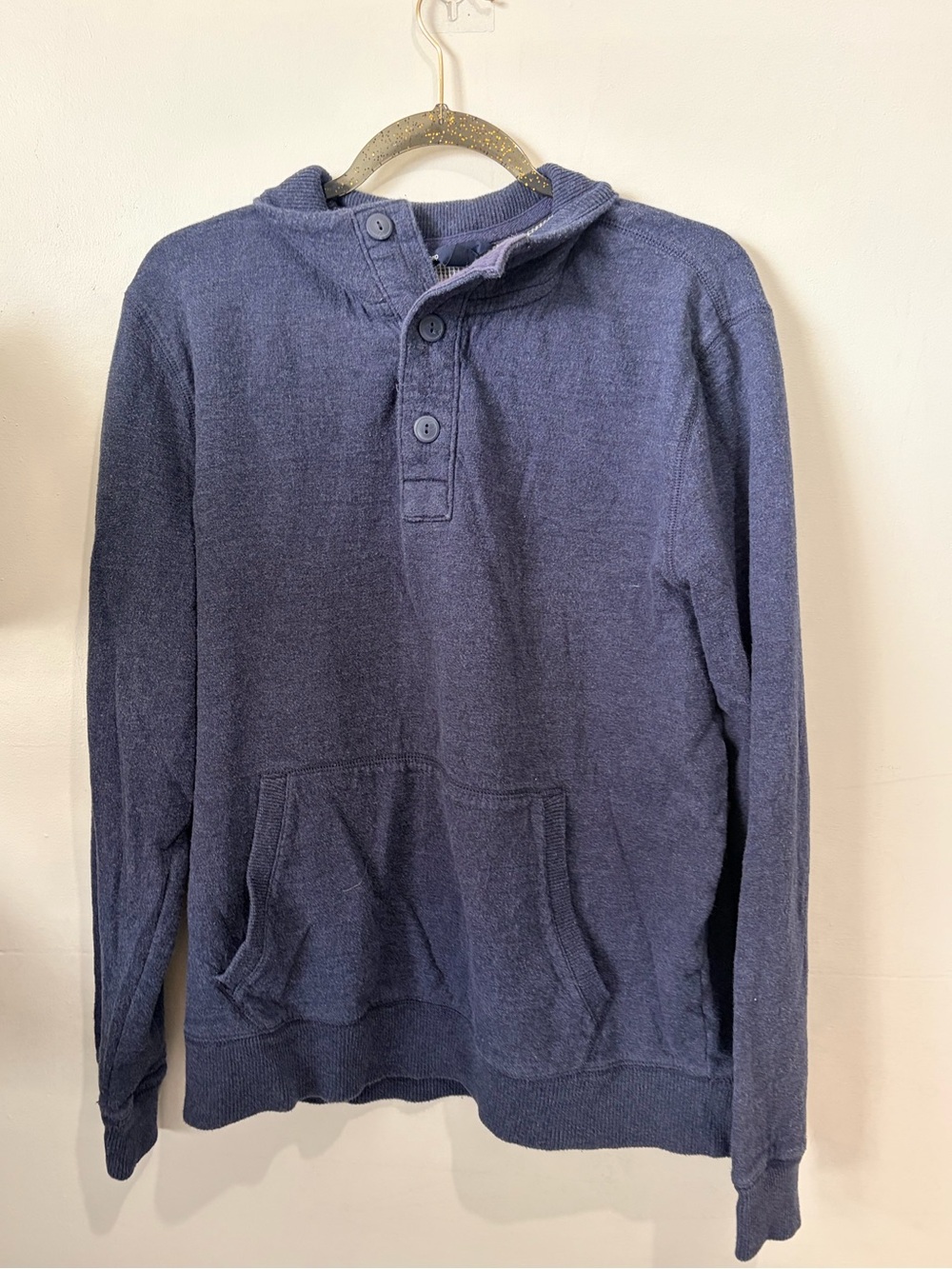 Gap Mens Navy Blue Textured Waffle Knit Button Henley Hoodie Sweater XL